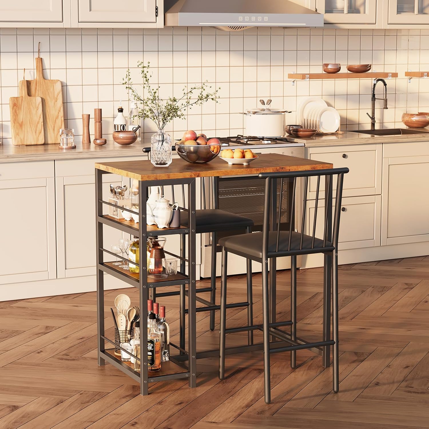 Xbro Bartisch Set 3-teilig, Küchentisch mit Stühlen für Küche, Esszimmer, Bistro, etc. Esstisch und 2 Stühle mit Rückenlehne und Polsterung(Braun)