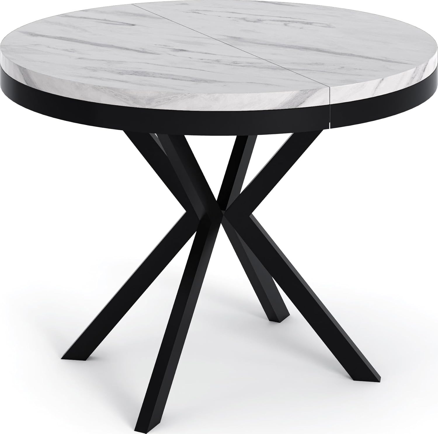 WFL GROUP Runder Ausziehbarer Esstisch in Weißer Marmoroptik - Loft Style Tisch mit Metallbeinen - 100 bis 180 cm - Industrieller Tisch für Wohnzimmer - Kompakt - 100 cm - Marmor Weiß