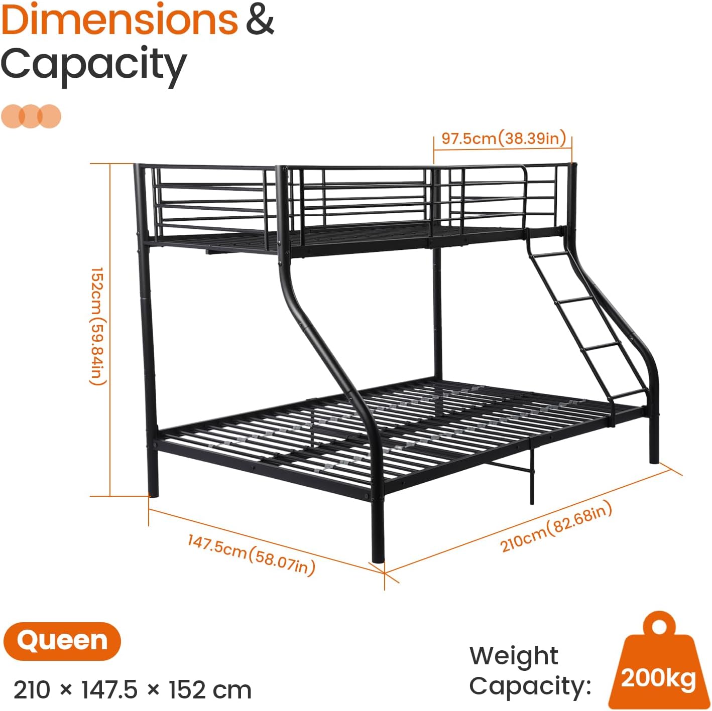 H.J WeDoo Kinderbett Etagenbett Metall 140x200cm 90x200cm Stockbett Hochbett Metallbett Bettgestell Doppelstockbett Schlafzimmerbett Jugendbett mit Lattenrost, Schwarz