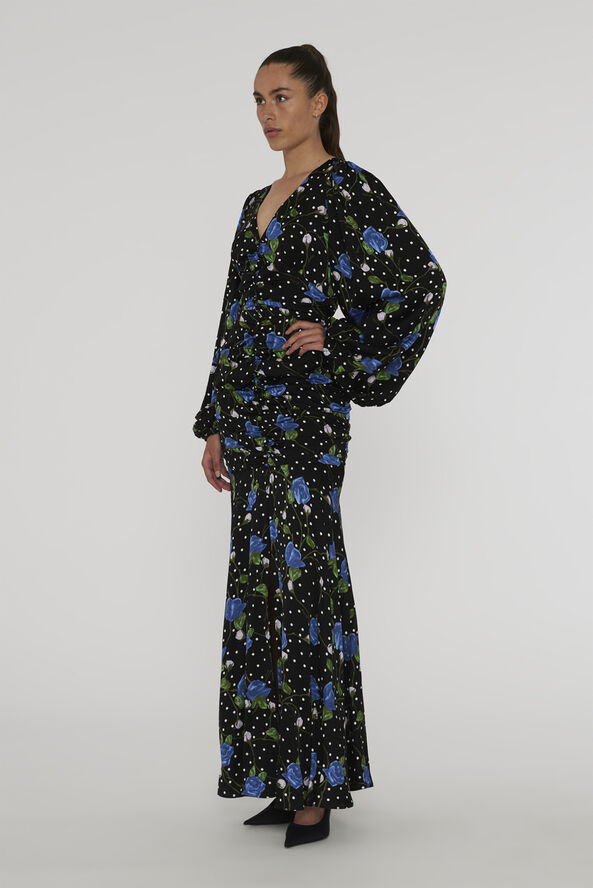 ROTATE Birger Christensen Satin Maxi V-Neck Dress Dot stemed rose   tap shoe comb.