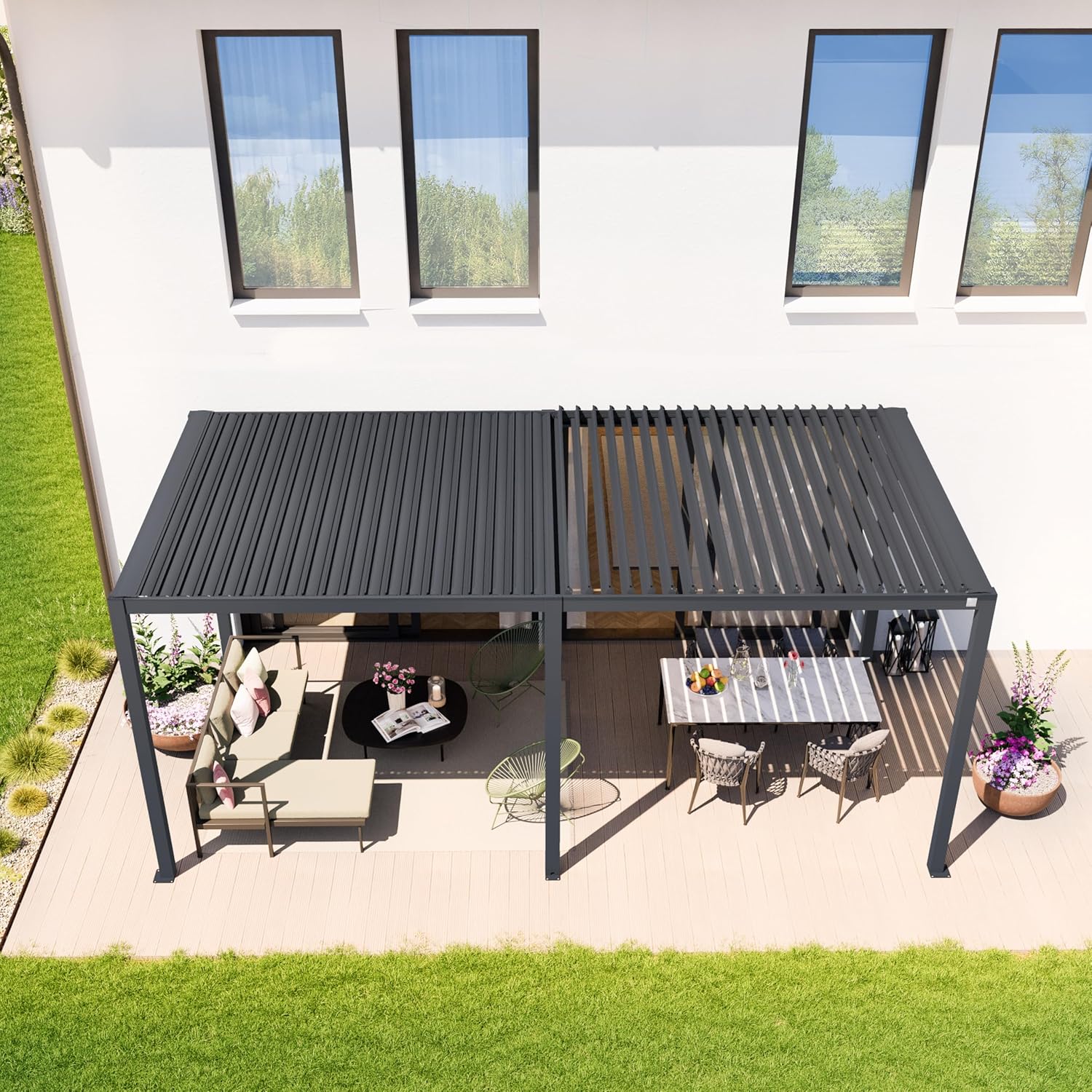 PRIMEYARD Pergola 3x6 m Aluminium-Pfosten mit Lamellendach aus Stahl anthrazitfarbene Terrassenüberdachung