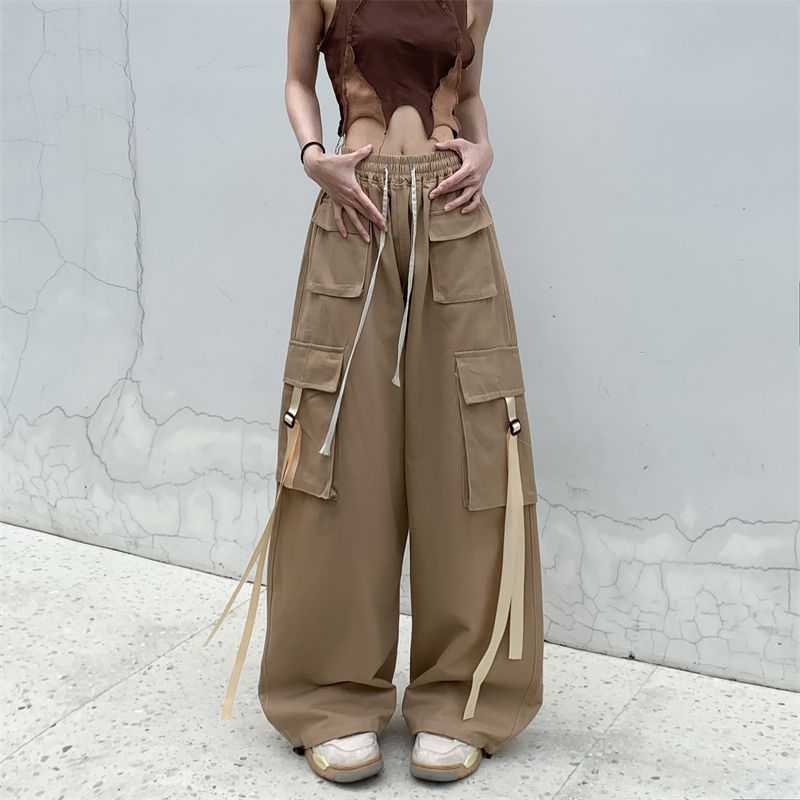 Vhancy - Low Rise Plain Wide Leg Cargo Pants