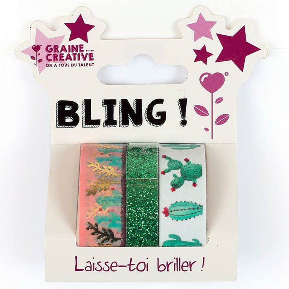 3 glitter tapes - 2 x 5 m et 1 x 2 m - cactus