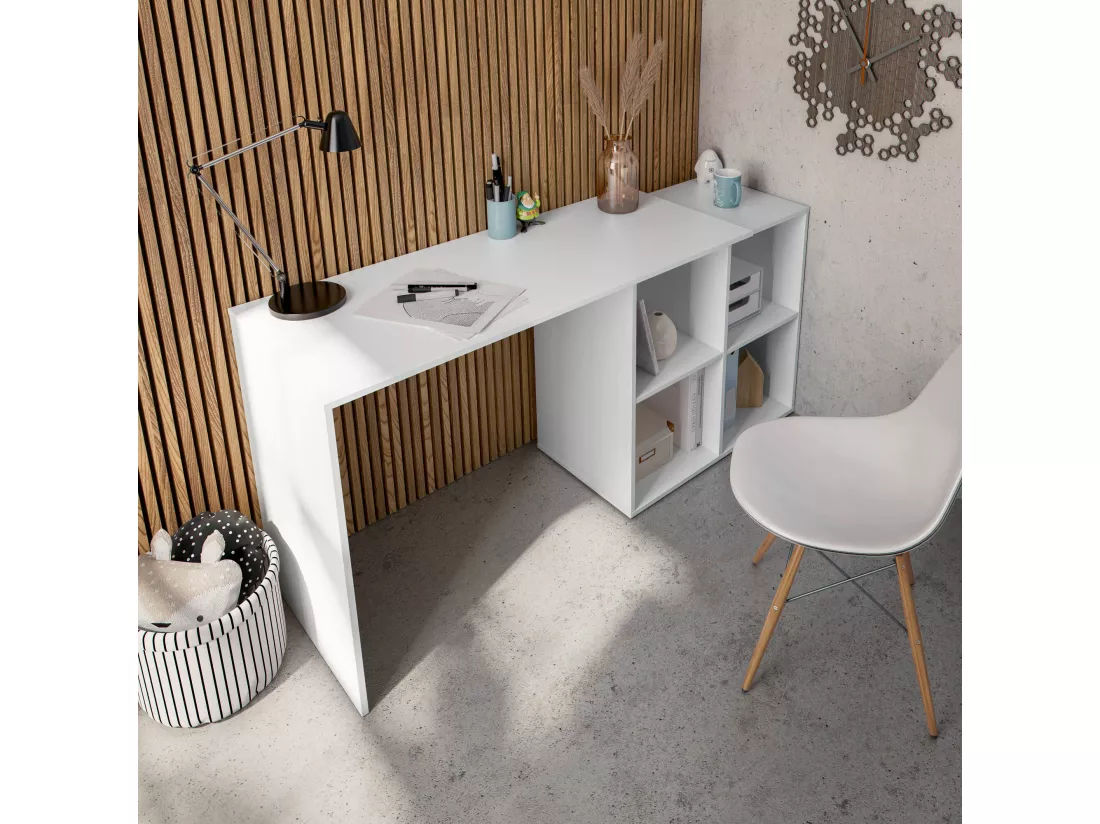 Bureau Dmanci, Bureau d'angle, Table de bureau polyvalente, Bureau multi-positions peu encombrant, 152x49h74 cm, Blanc