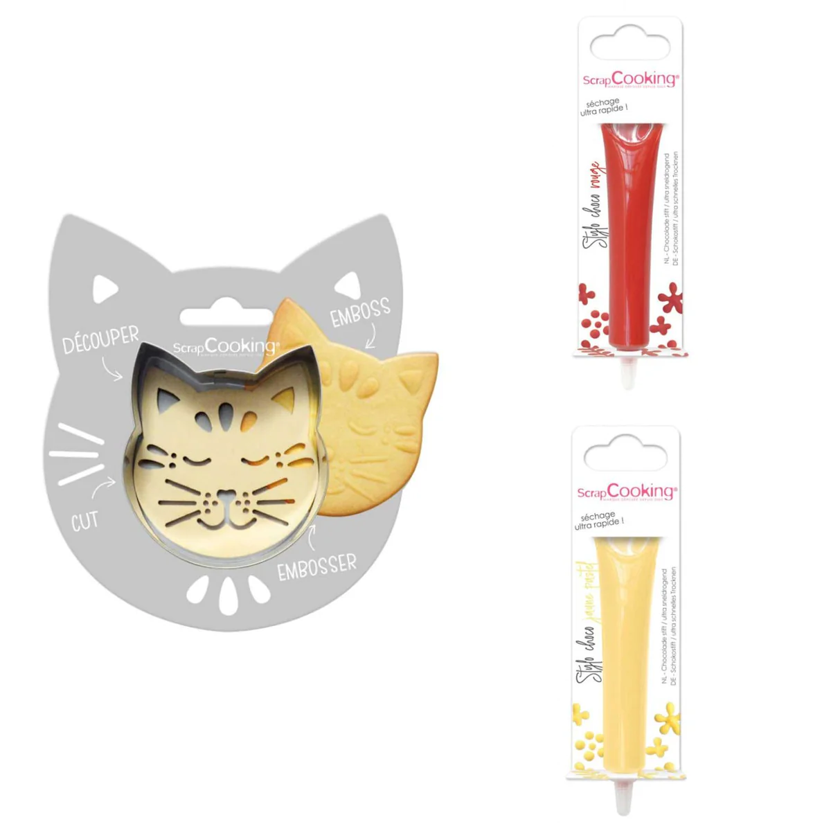 Kit pour biscuit en relief Chat + 2 Stylos au chocolat rouge et jaune