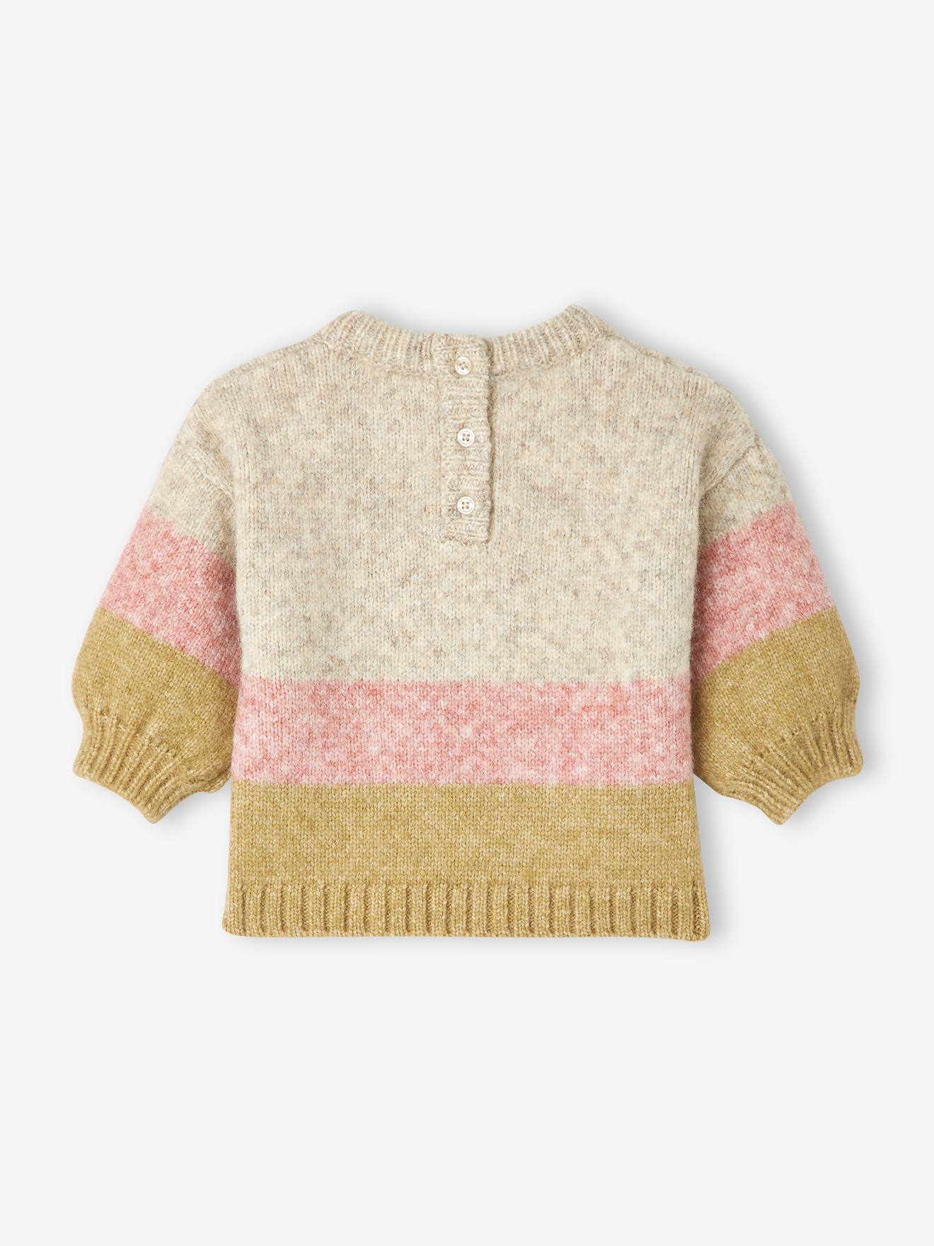 Suéter de tricô listrado largo para bebê, rosa-acinzentado médio.