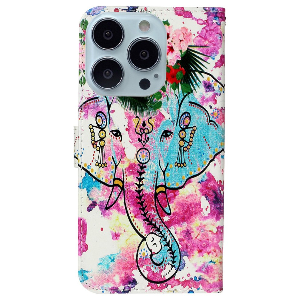 iPhone 16 Pro Max Leder Tasche mit Kartenfächer - Indian Flower Elephant
