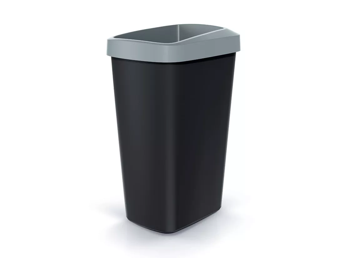 Recyclage Cube 45L Keden en plastique avec un couvercle ouvert gris. 39x29x61