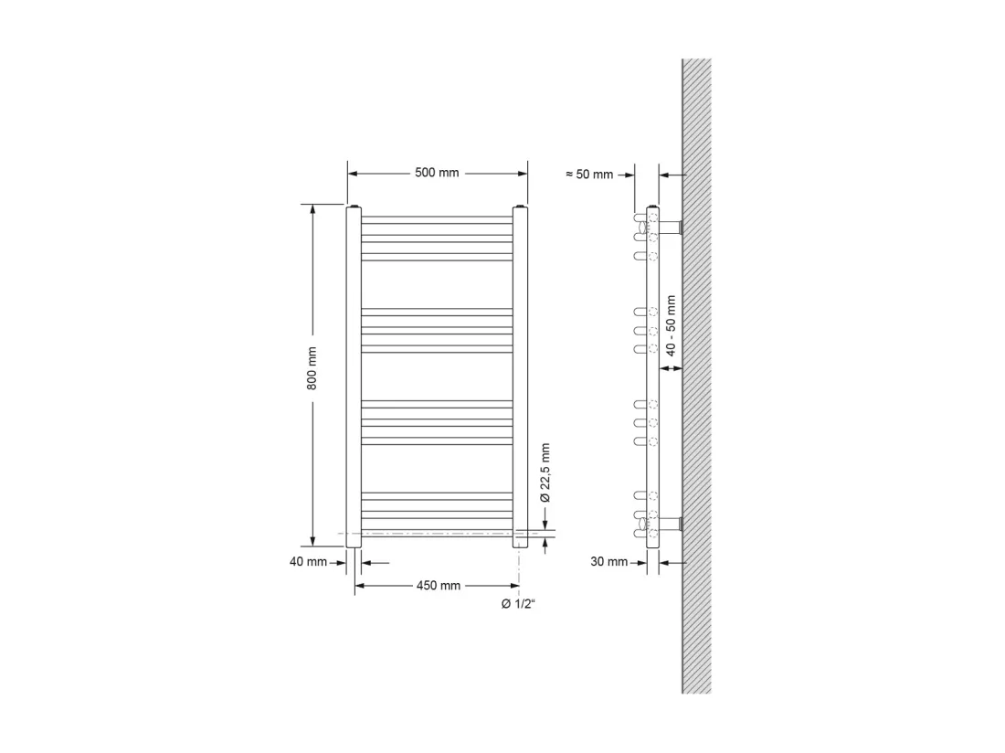 Radiateur de salle de bain Sahara Raccord latéral chauffe-serviettes Chrome 500x800 mm
