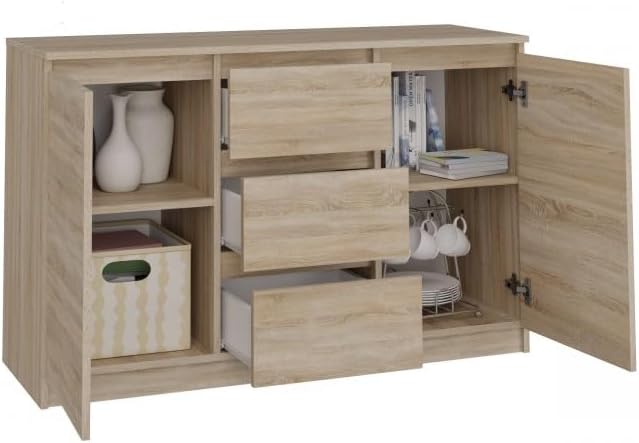 CDF Kommode Eiche Sonoma 2 Türen 3 Schubladen Komode & Sideboards Schubladenkommode Sideboard 75 cm Hoch Wohnzimmer Komodenschrank 40x120x75 für Schlafzimmer Arbeitszimmer Flur Schubladenschrank