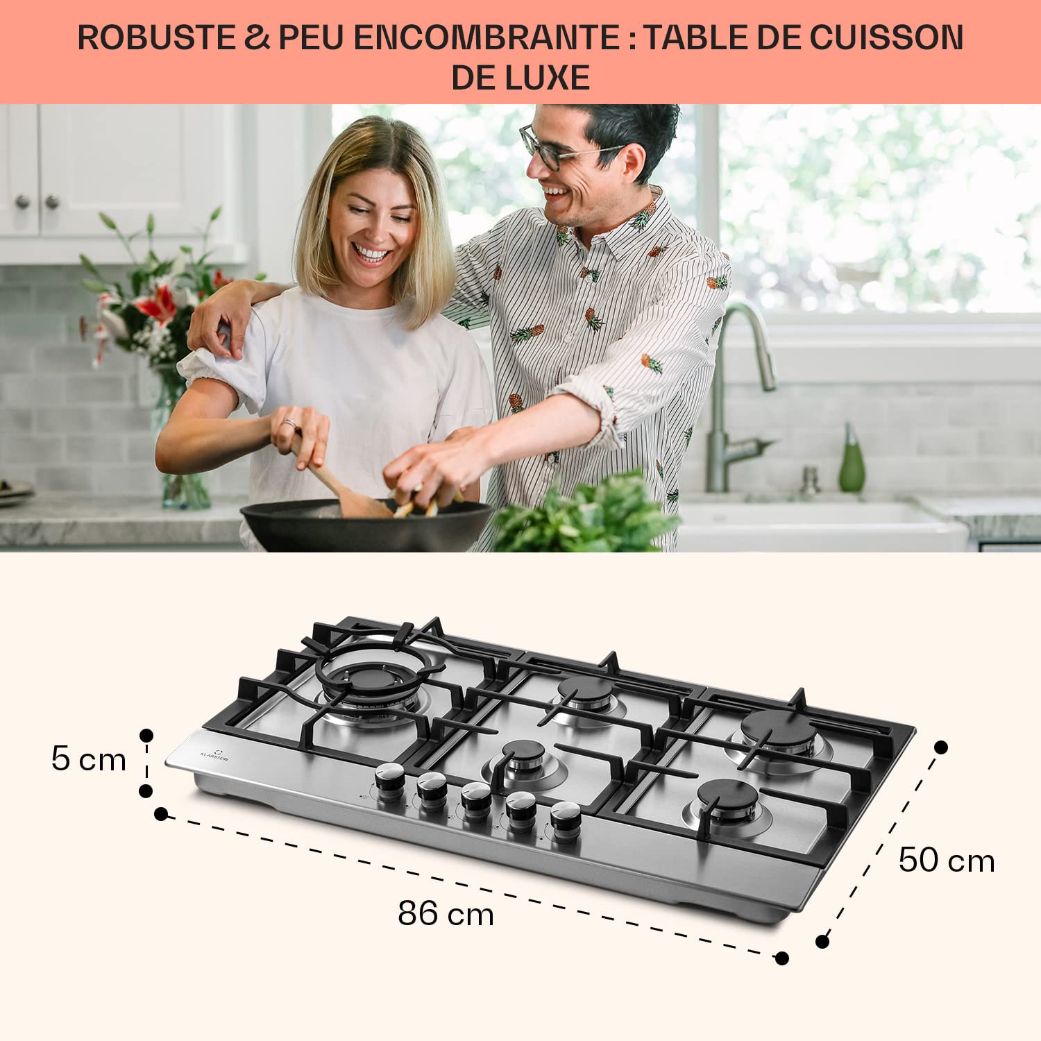 Klarstein Tables de Cuisson à Gaz, Plaque de Cuisson , Encastrable à 5 Feux de 11100W, Cuisiniere Gaz, Gaziniere avec Brûleurs en Acier Inoxydable, Cu
