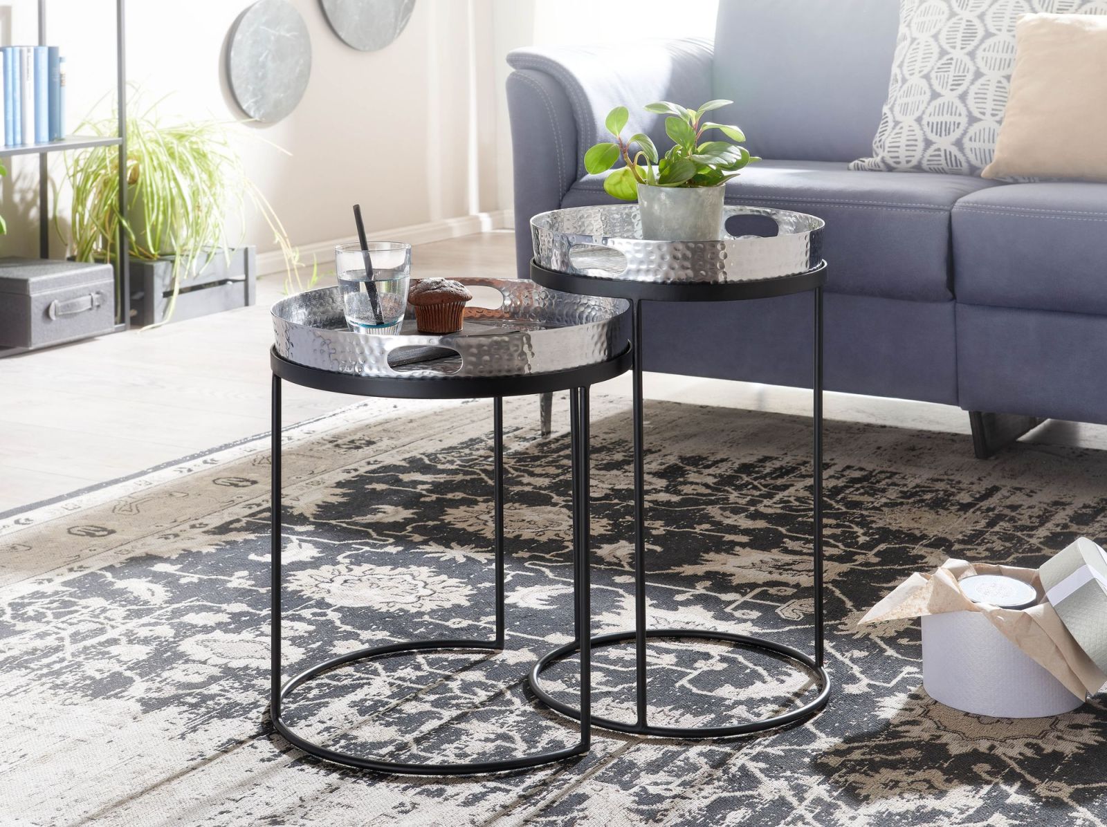 2er-Set Beistelltisch - silber-schwarz - Ø 38 cm
