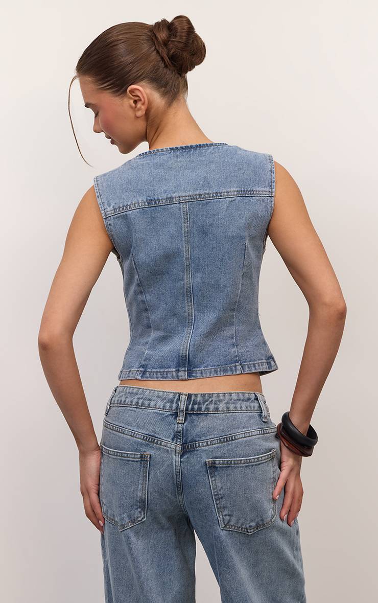Mid Blue Wash Gilet En Jean Style Portefeuille Asymétrique