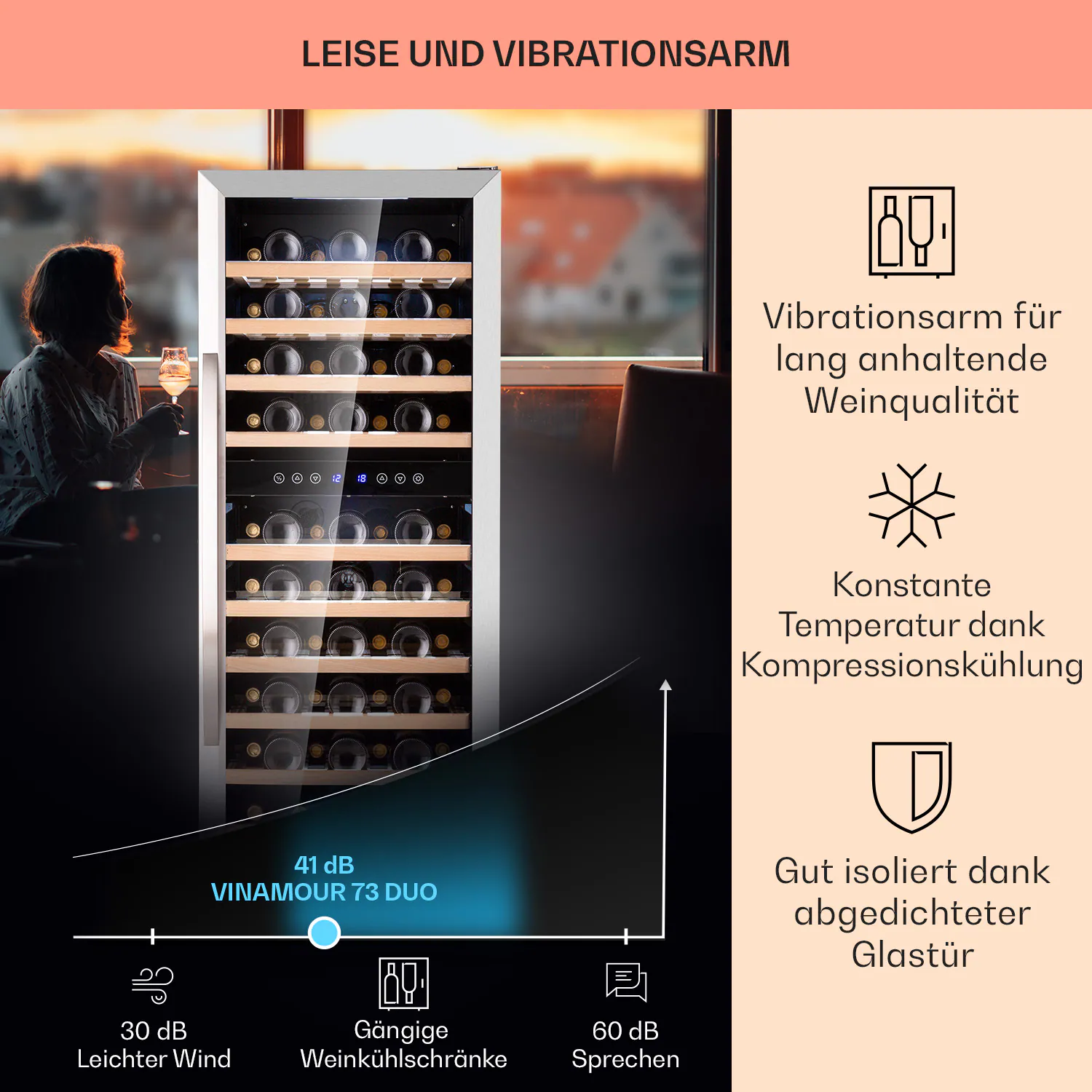 Vinamour 73 Duo Weinkühlschrank 2 Zonen 192 L/73 Flaschen 5-18°C Touch 73 Liter 2 Kühlzonen