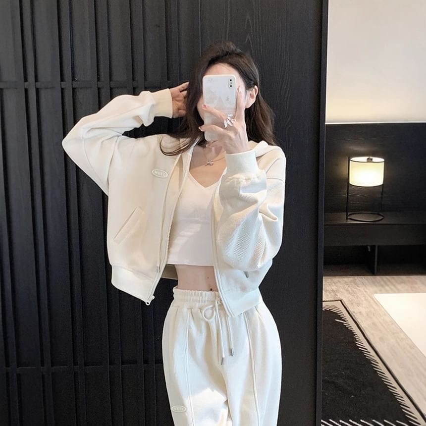Dovitade - Set: Logo Drawstring Zip Hoodie + Drawstring Waist Loose Fit Sweatpants