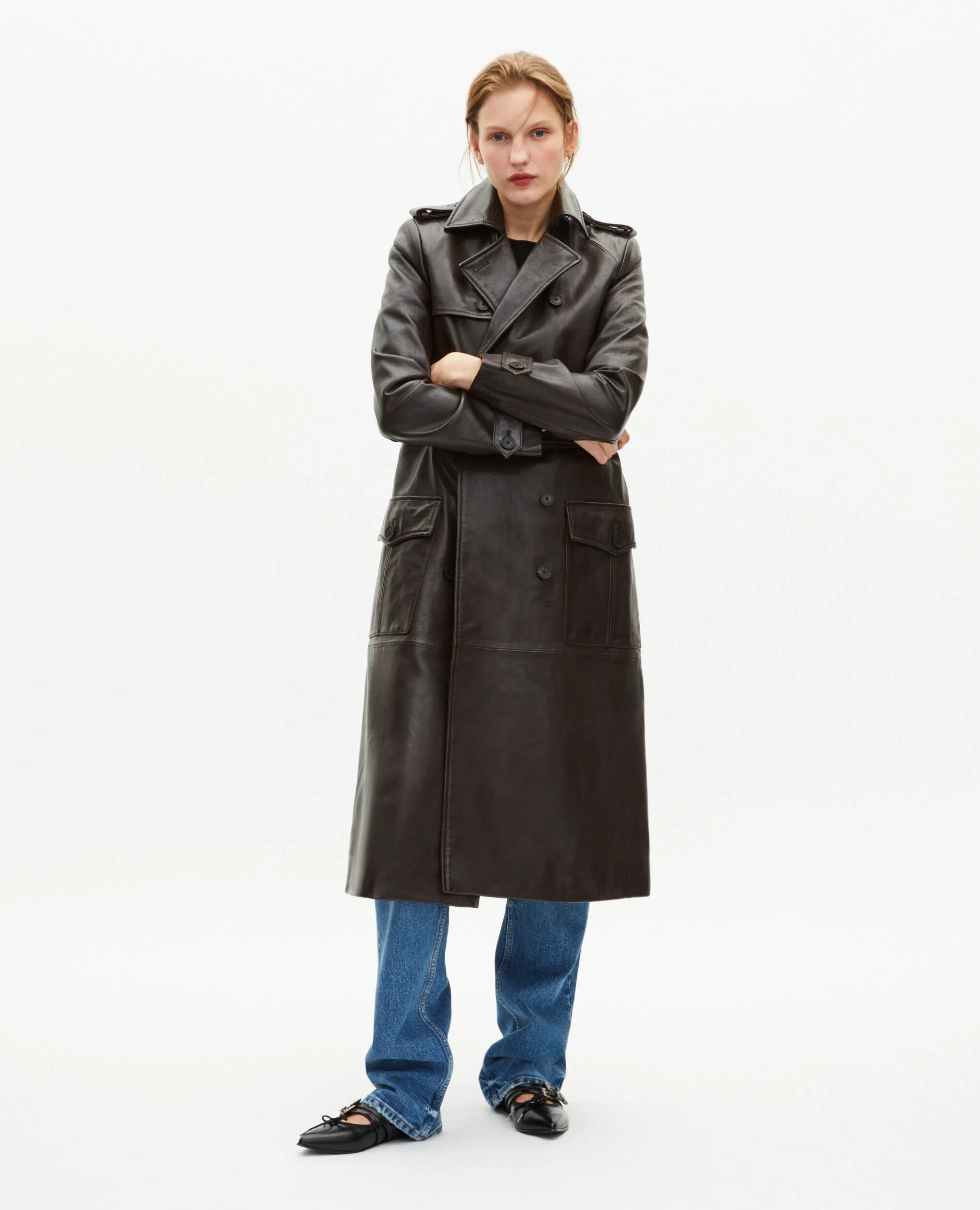 Trench long en cuir marron