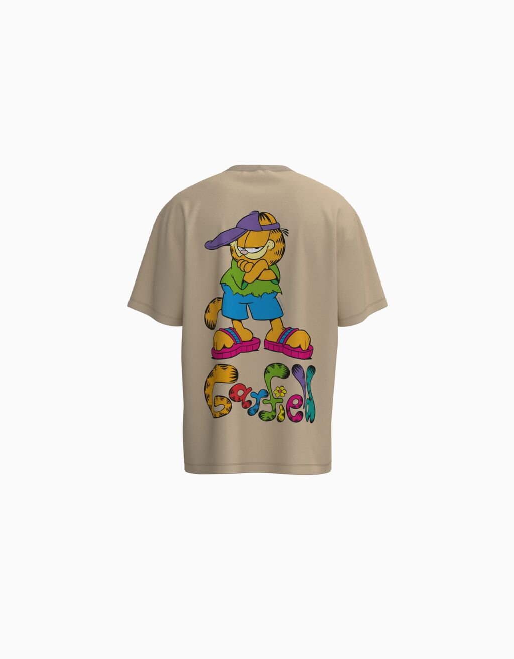 Camiseta de manga curta com estampa do Garfield e modelagem quadrada.