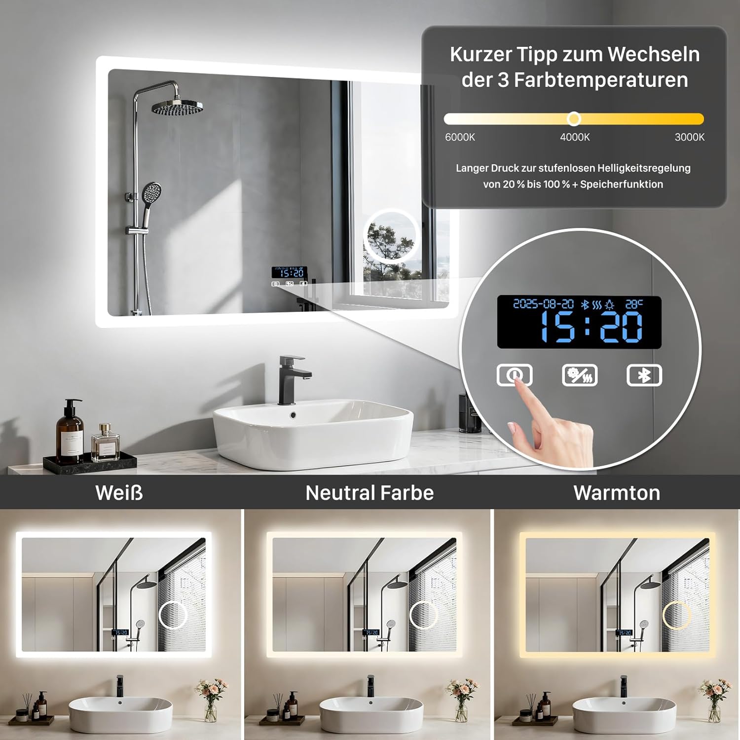 LUVODI Badspiegel mit Beleuchtung Bluetooth: 80x60cm Led Spiegel mit 3-Fach Schminkspiegel und Uhr, 3 Lichtfarbe Einstellbare Badezimmerspiegel Beschlagfrei Speicherfunktion, Wandspiegel