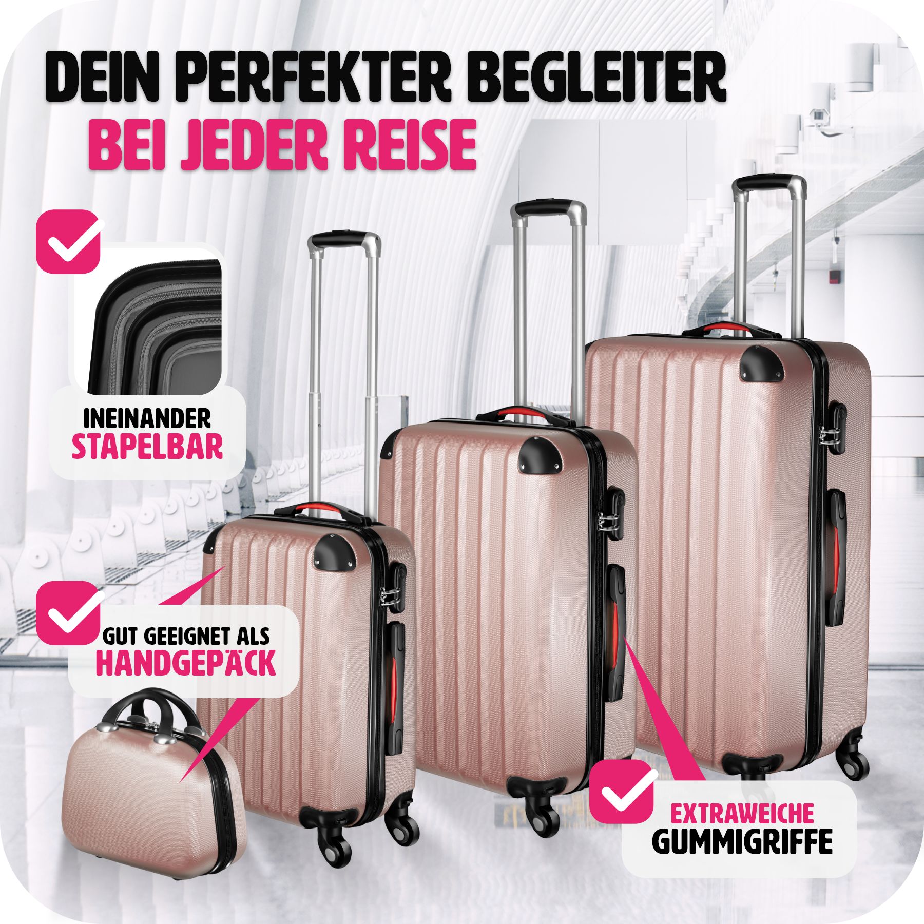 tectake® Hartschalenkoffer-Set, 4-teilig, 3 Trolleys und Beauty-Case aus robustem ABS-Kunststoff, abteilbarer Innenraum, mit Sicherheits-Zahlenschloss