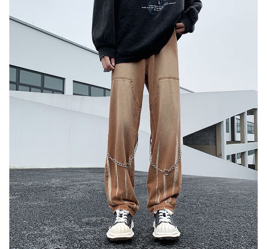 Hushgrain - Mid Rise Washed Chain Straight Leg Jeans