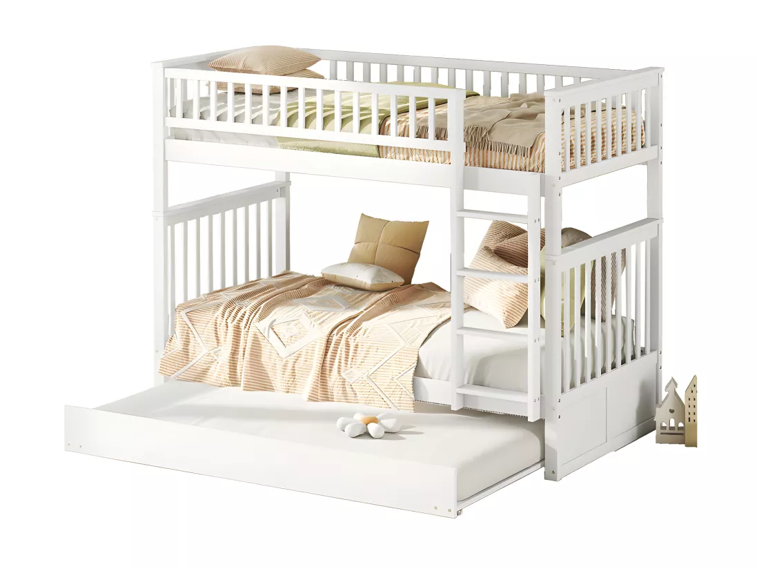 Lit superposé 2x90x200cm avec un lit gigogne 90x190cm - avec garde-corps et escalier - Blanc