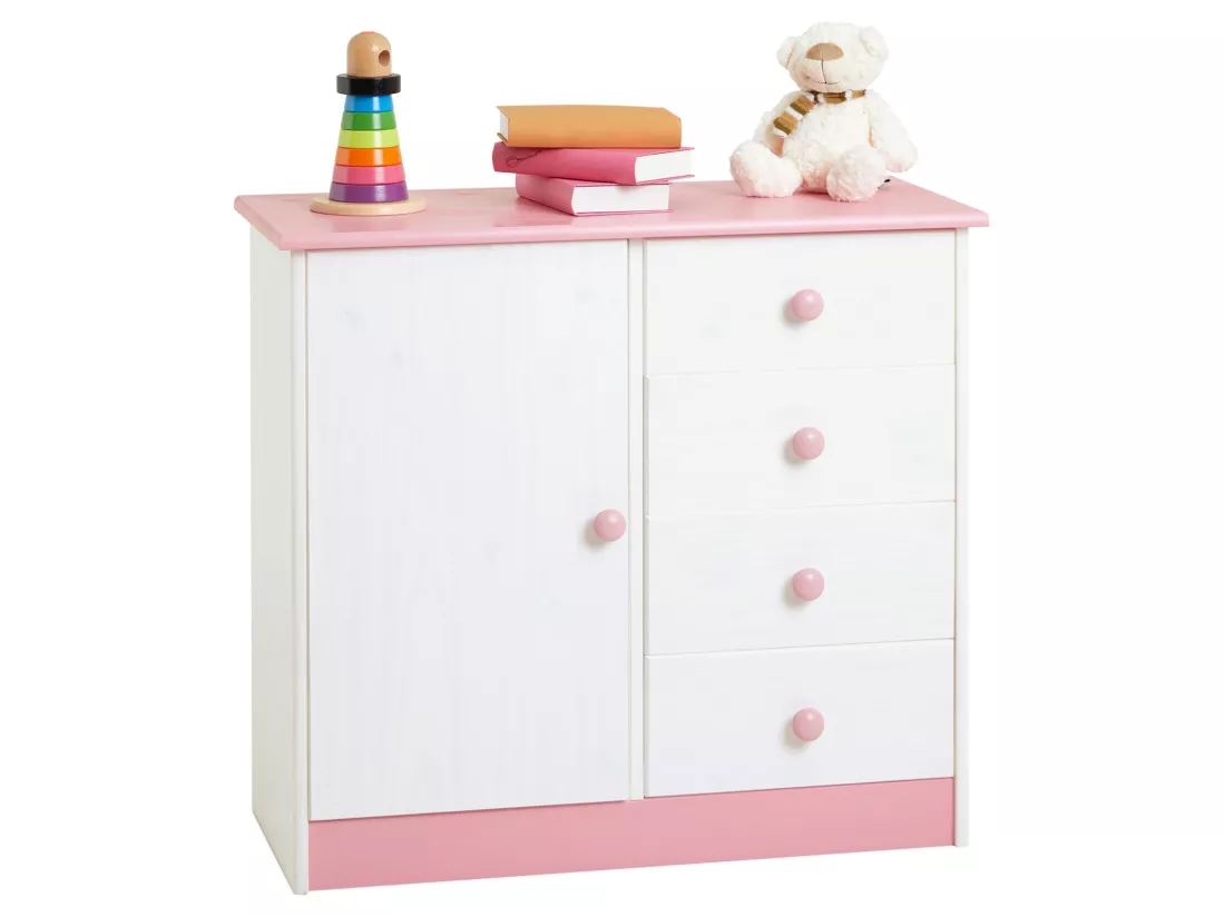 Commode enfant RONDO lasuré blanc et rose en pin passif buffet meuble de rangement pour chambre enfant avec 4 tiroirs et une porte