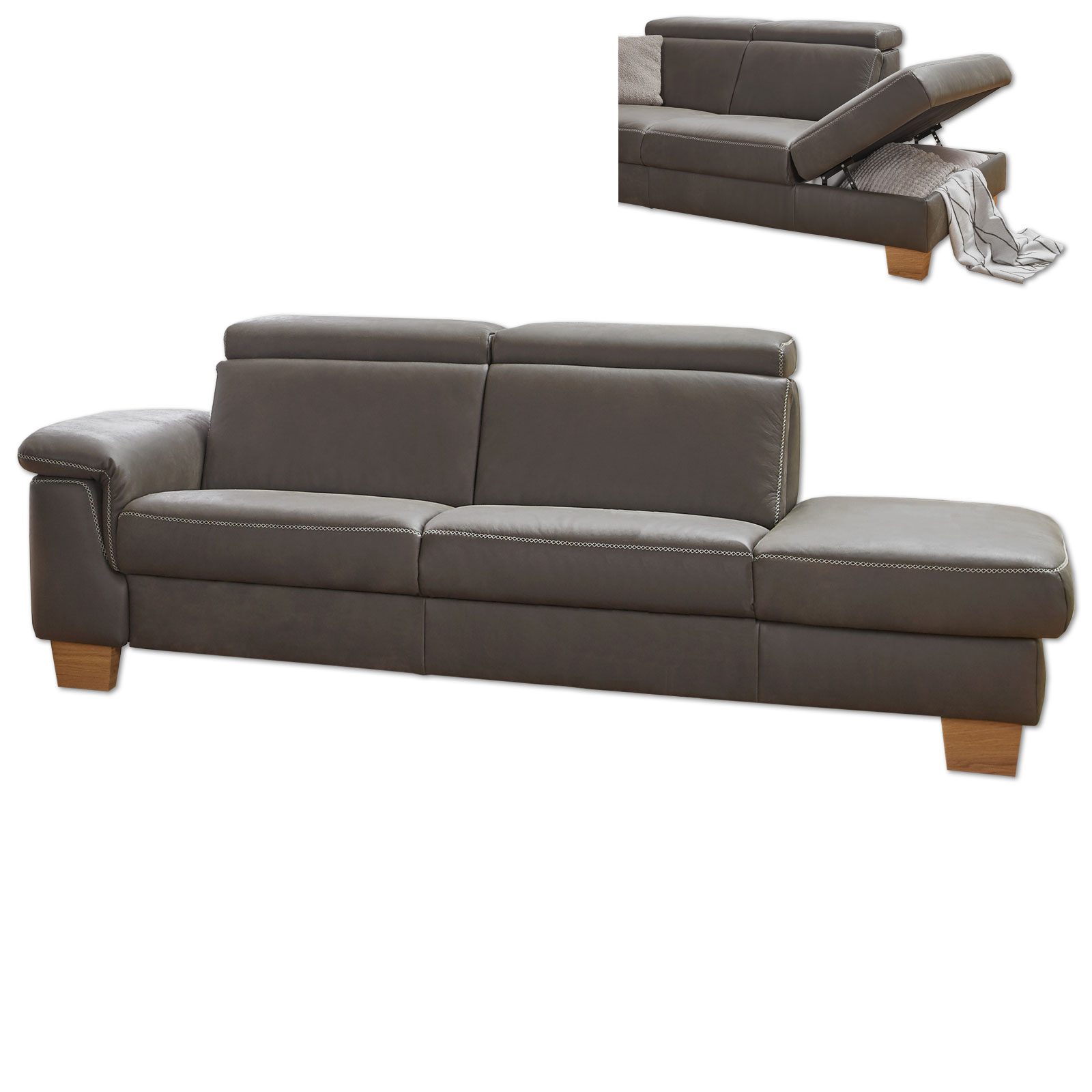 polsterpower 2,5-Recamiere Ledersofa - grau - mit Funktionen - Armlehne links