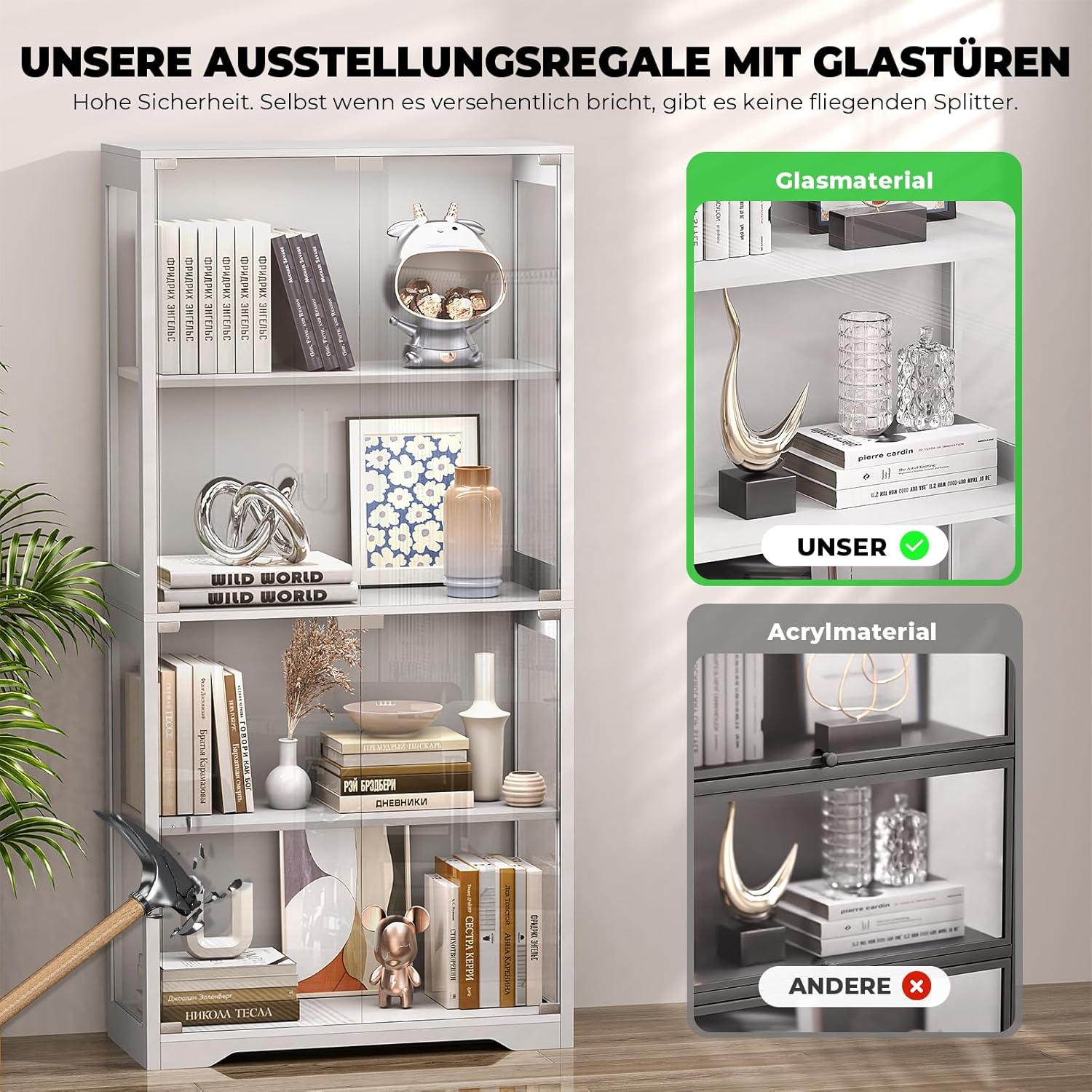 Vitrine mit LED Beleuchtung und Glastüren, Sammlervitrine, Vitrinenschrank mit Intelligente Sensorik, 4-Lagen Vitrine Weiß Glasvitrine Staubdicht für Wohnzimmer Schlafzimmer Büro, Weiß
