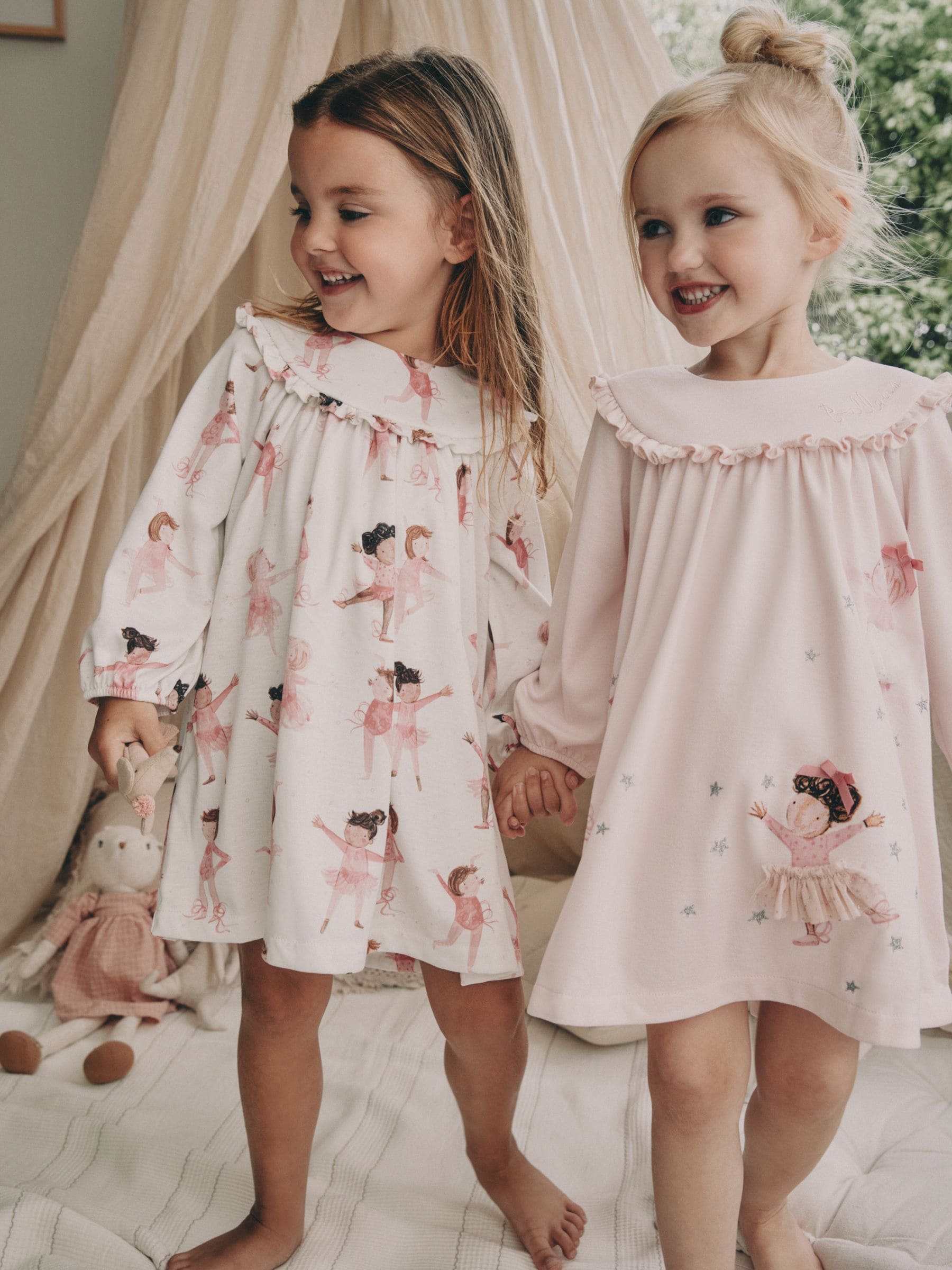 Wit/roze ballerina - Set van 2 nachthemden (2-12 jr)