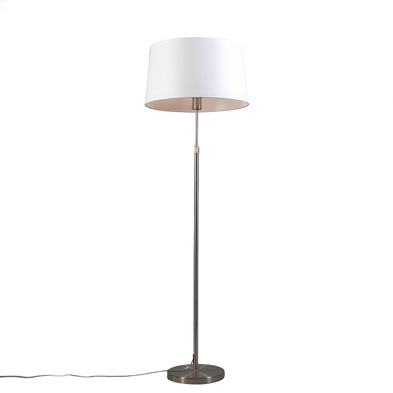 QAZQA - Moderne vloerlamp | Staande lamp | Vloerlamp | Lamp | Licht staal | Zilver | Mat nikkel met witte verstelbare lampenkap 45 cm - Parte | Woonkamer | Slaapkamer - Rond staal | Langwerpig