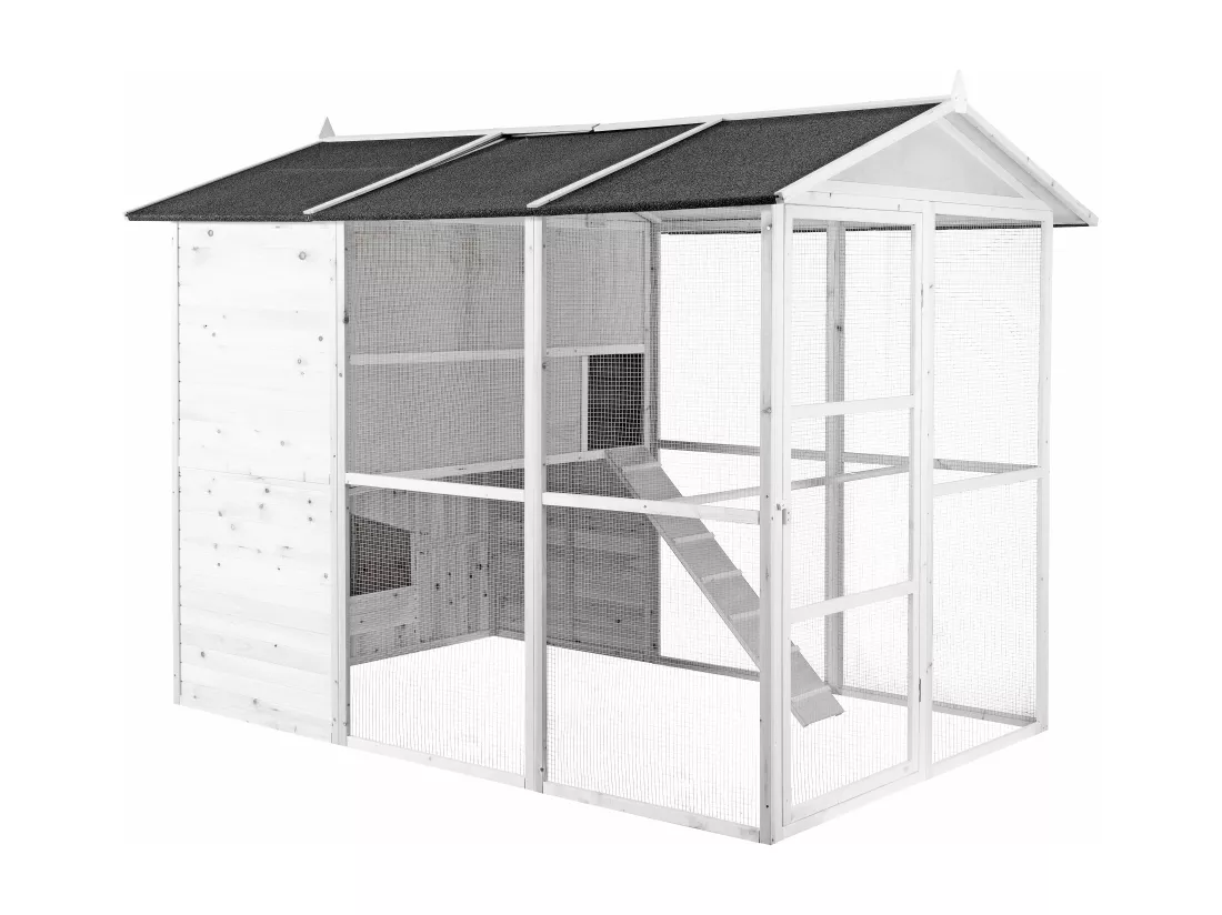 Poulailler en bois avec enclos - 10 poules - L. 266 x P. 174 x H. 205 cm - Blanc - FERAS
