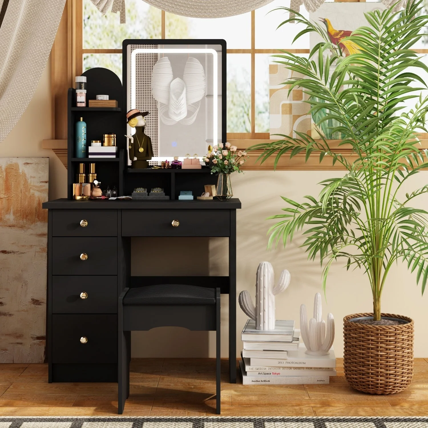 Makeup Vanity Set Table With LED Light &Mirror & Stool