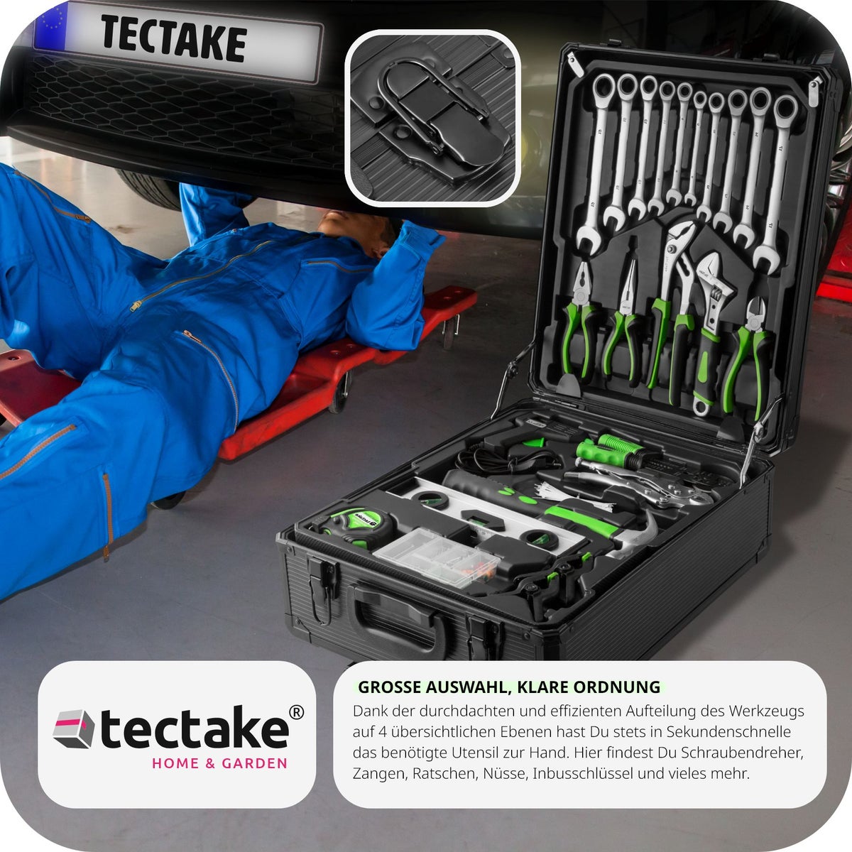 tectake Stefan 899-delige gereedschapskoffer met inklapbare handgreep en telescopische handgreep