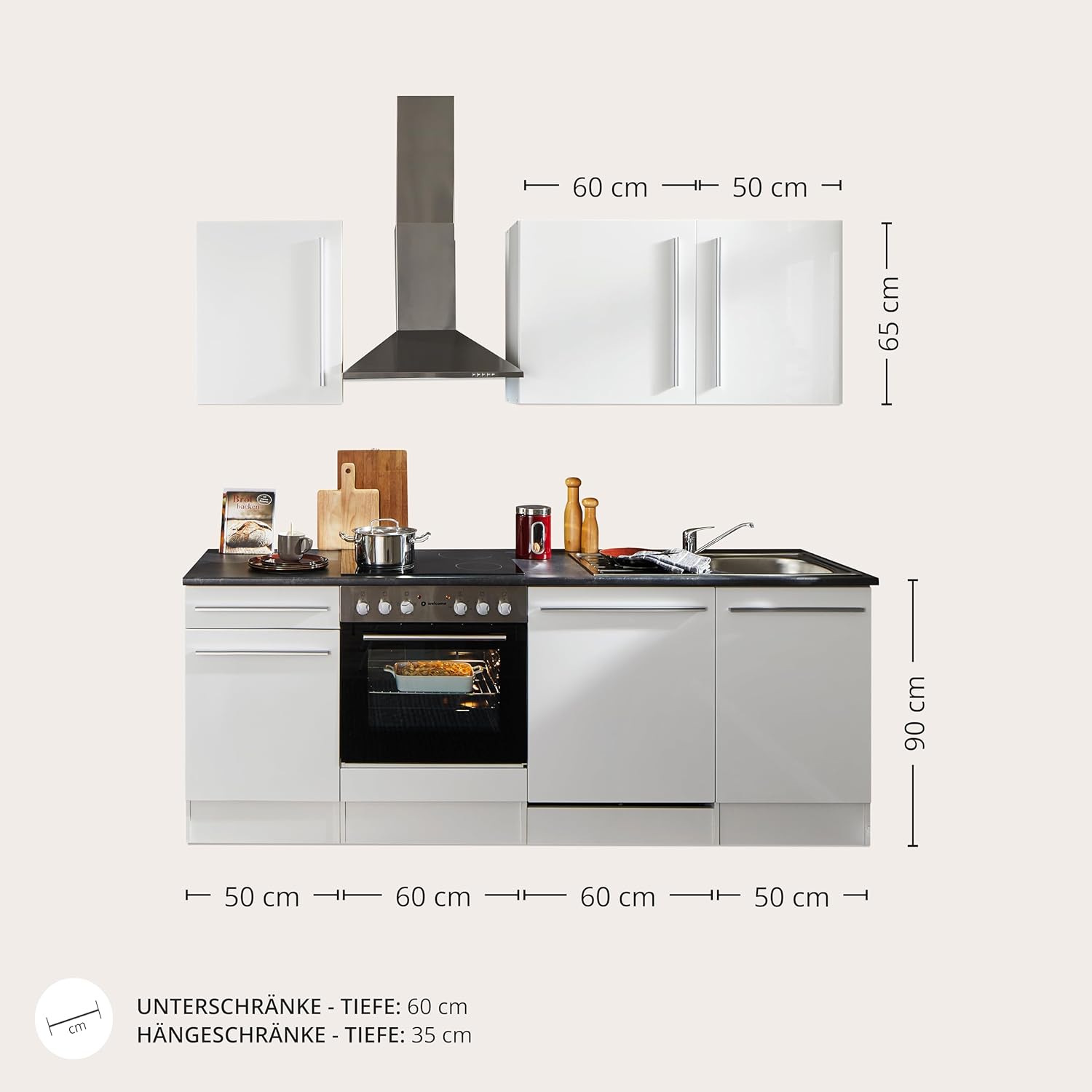 Stella Trading Jazz 8 Moderne Küchenzeile mit Elektrogeräten in Weiß Hochglanz, Metallic Grau - Geräumige Einbauküche mit viel Stauraum - 220 x 212 x 60 cm (B/H/T)