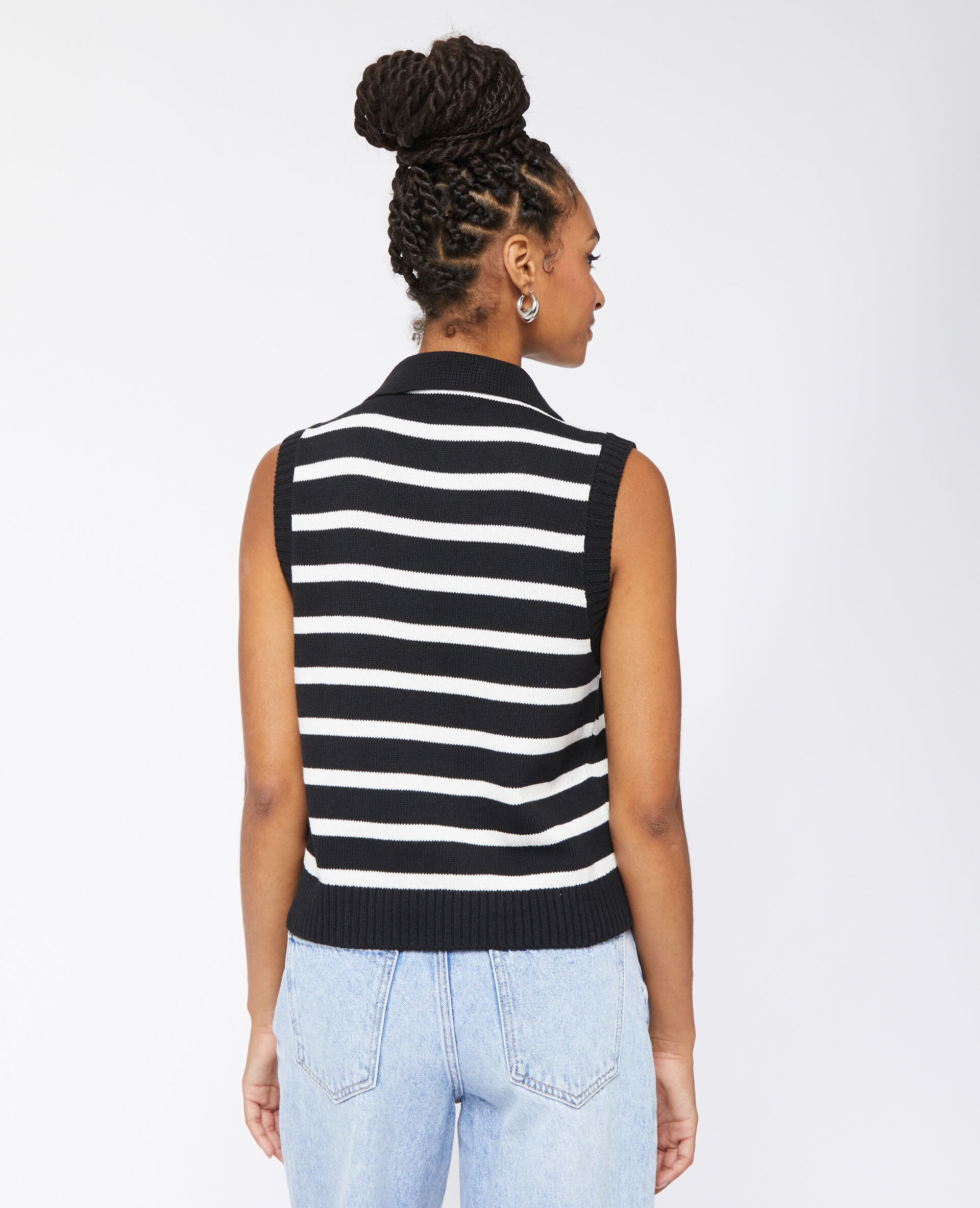 Pull sans manche motif rayures avec col - Noir