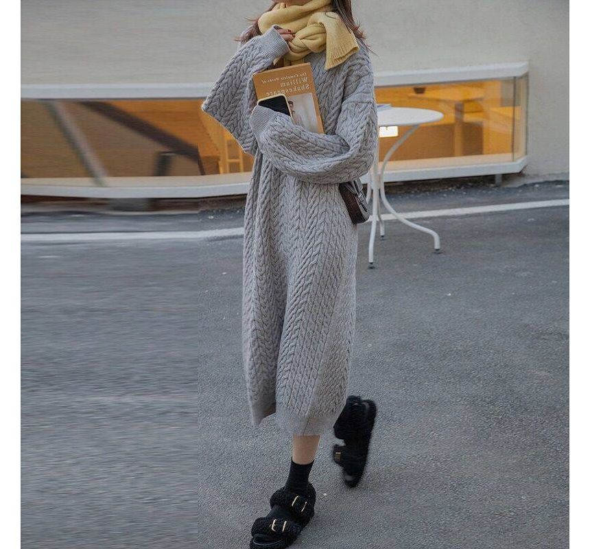Rred - Lange mouwen V-hals midi kabel gebreide trui jurk