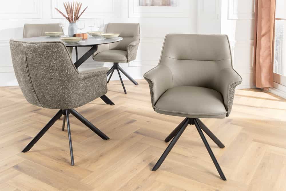Drehbarer Stuhl LE GRAND taupe Echtleder Strukturstoff schwarzes Metallgestell