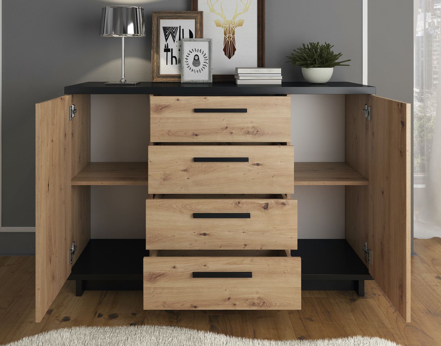 Meubella - Dressoir Incala - Eiken - Zwart - 135 cm