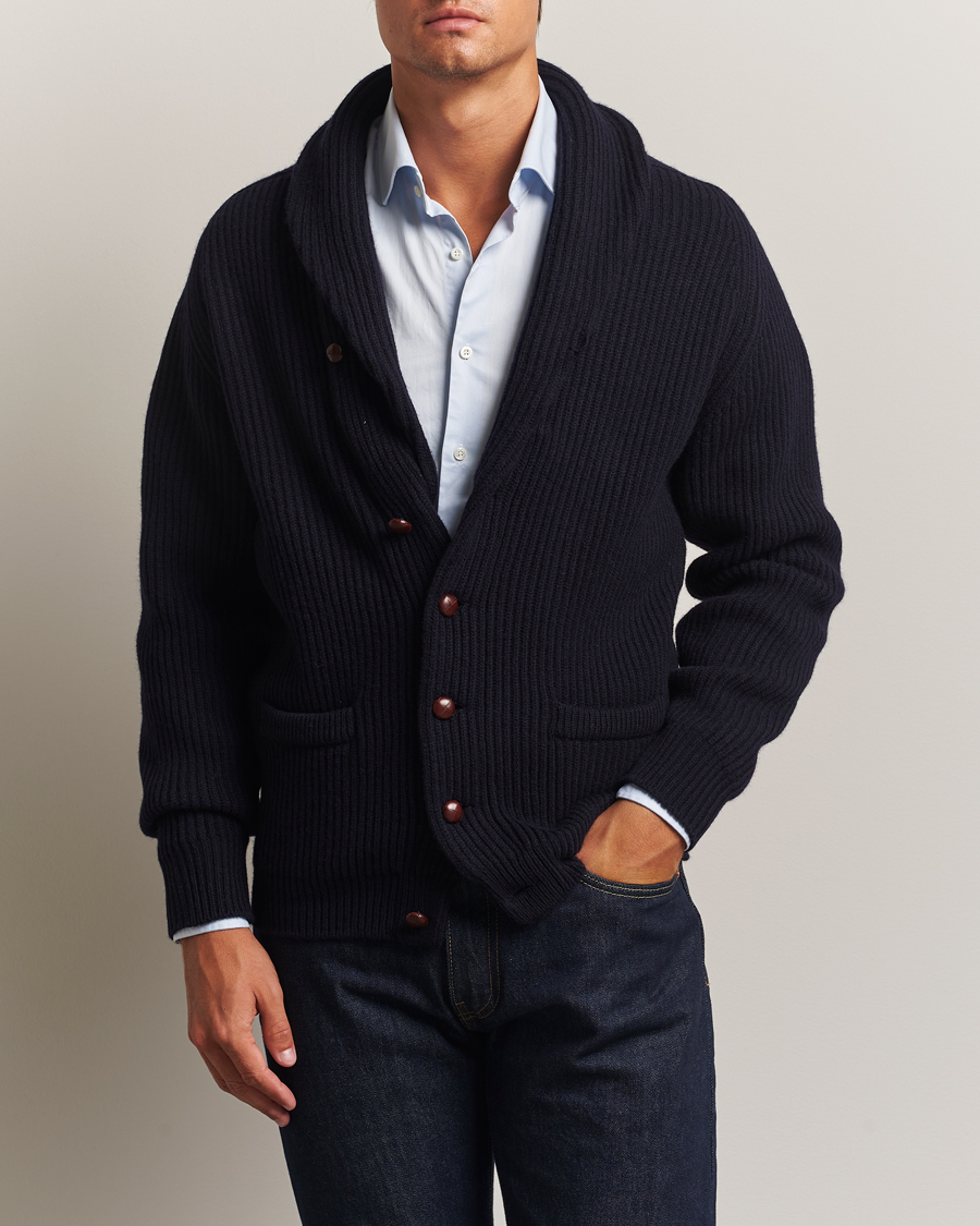 William Lockie Windsor Geelong Lambswool Shawl Cardigan Navy