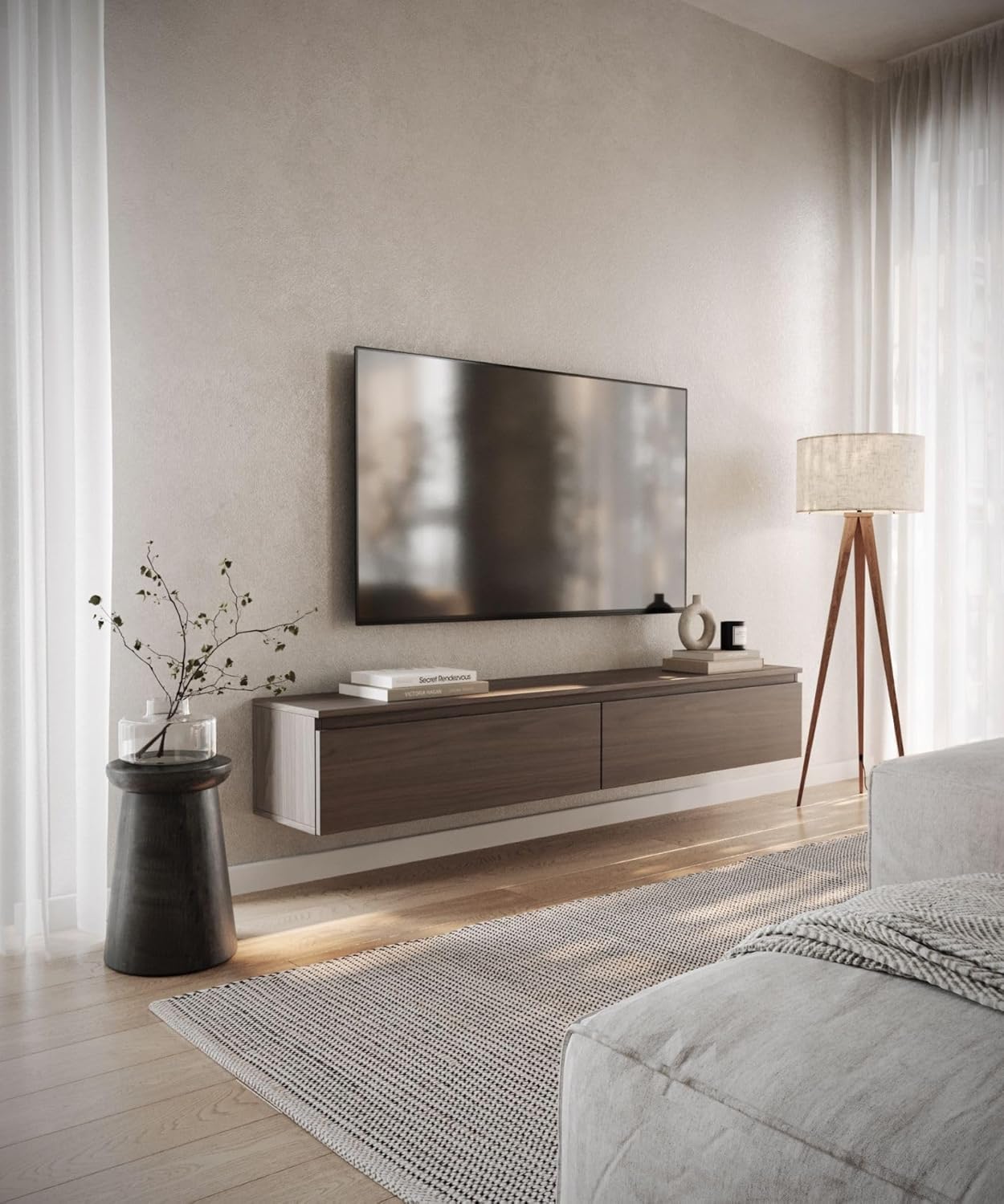 Selsey Hängeboard Bemmi 28,4x175x31,8 cm, Minimalistisches TV Lowboard, Wisconsin-Walnuss, Hochwertige Spanplatte mit ABS-Kanten, Zwei Klappenfächer,Melaminbeschichtet, Ideal fürs Wohnzimmer