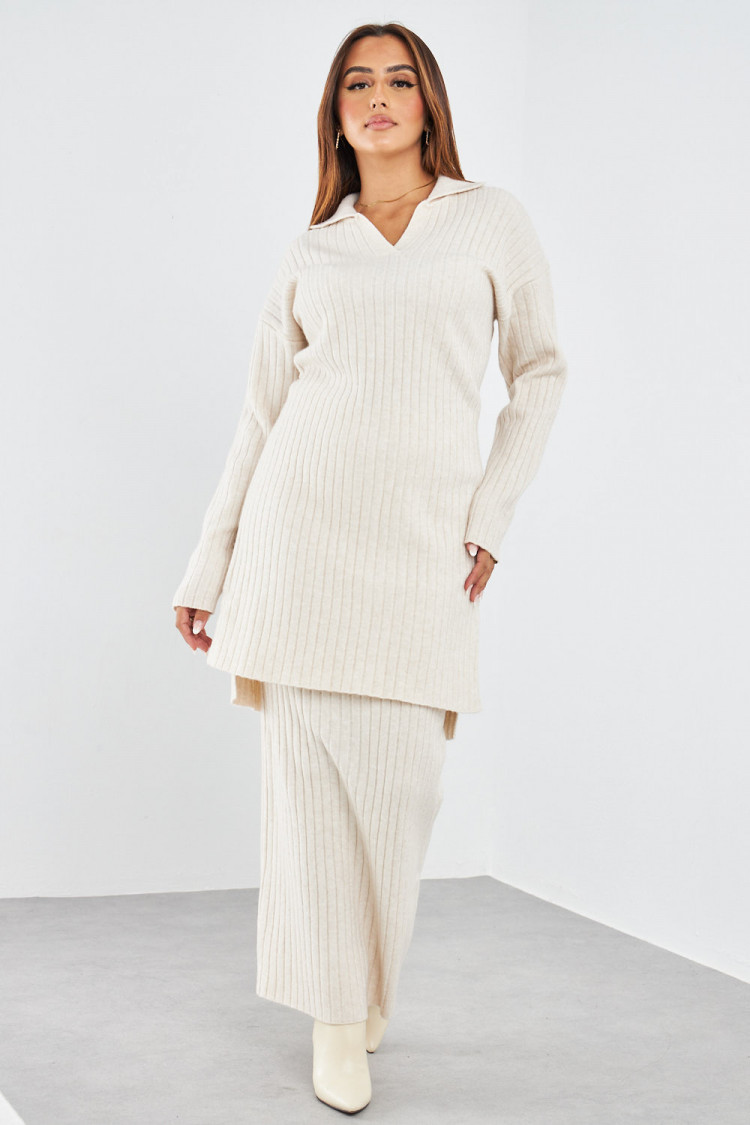 Ensemble 2 pièces pull + jupe côtelé beige
