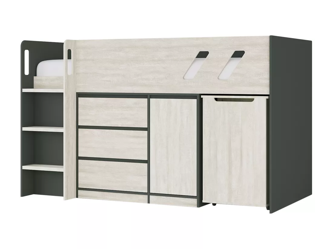 Lit combiné 90 x 190 cm avec bureau et rangements - Coloris : Anthracite et naturel grisé + Matelas - SAGITI