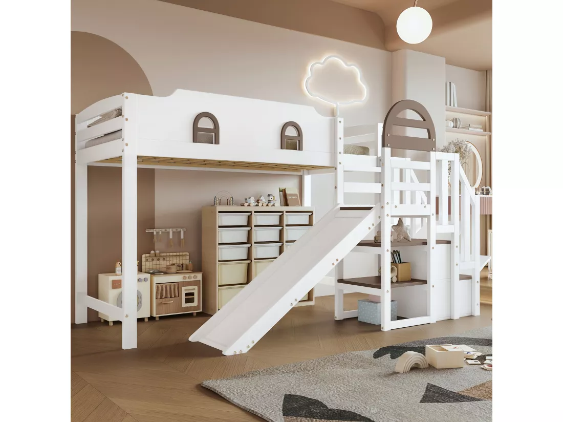 Lit mezzanine pour enfant - 90 x 200 cm - avec toboggan et fenêtre - 2 rangements dans l'escalier - pin+MDF - blanc+marron