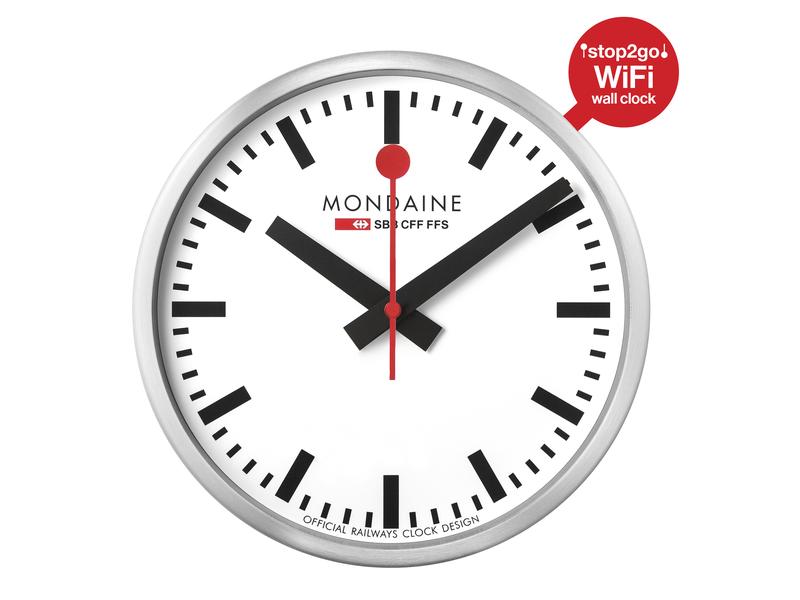 Mondaine Wanduhr WIFI stop2go Ø 25 cm, Silber/Weiss Analoguhr aus Aluminium