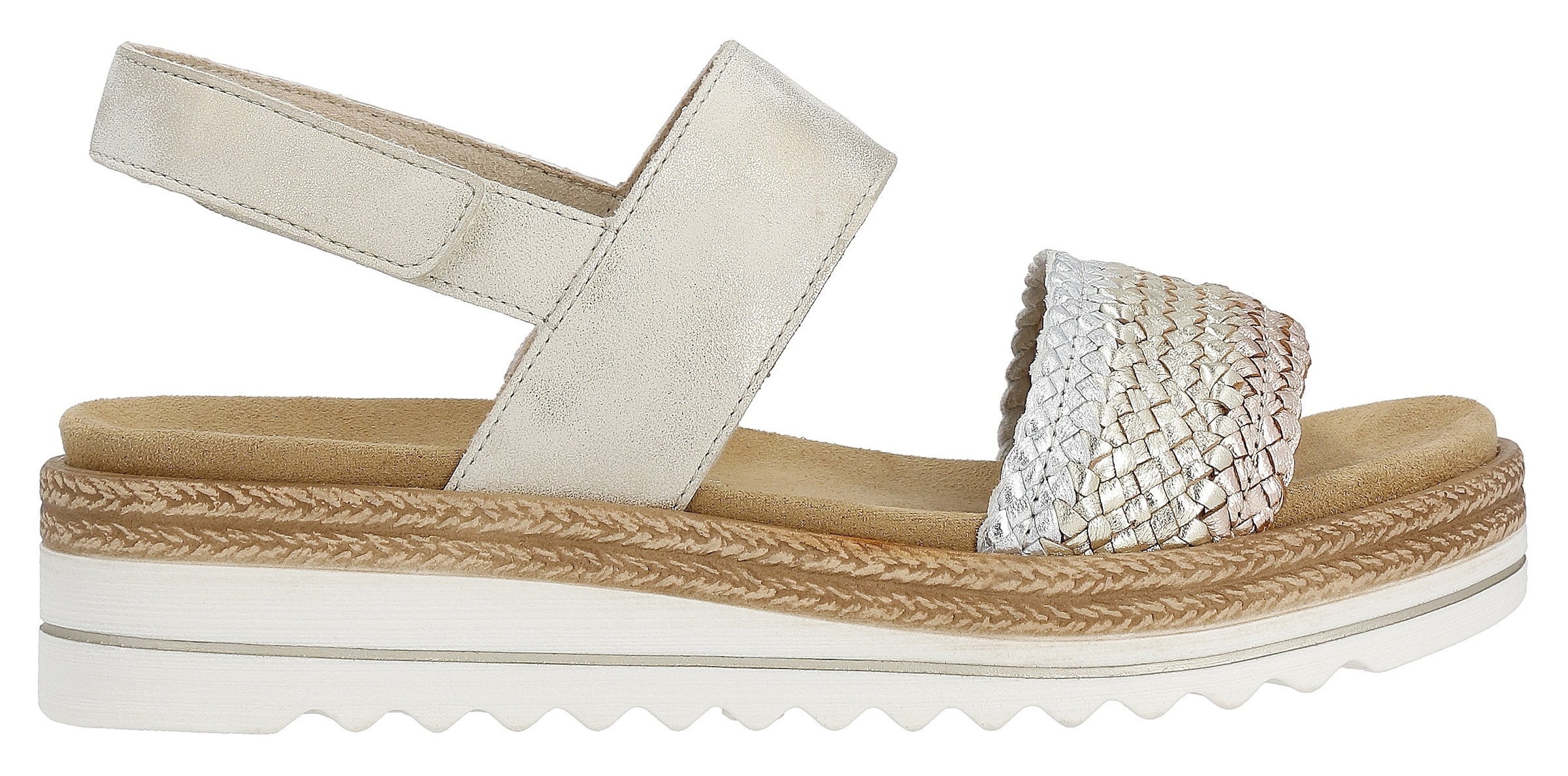 Remonte Keilsandalette »ELLE-Collection«  , Sommerschuh, Sandale, Keilabsatz, mit Flechtbandage im Metalliclook
