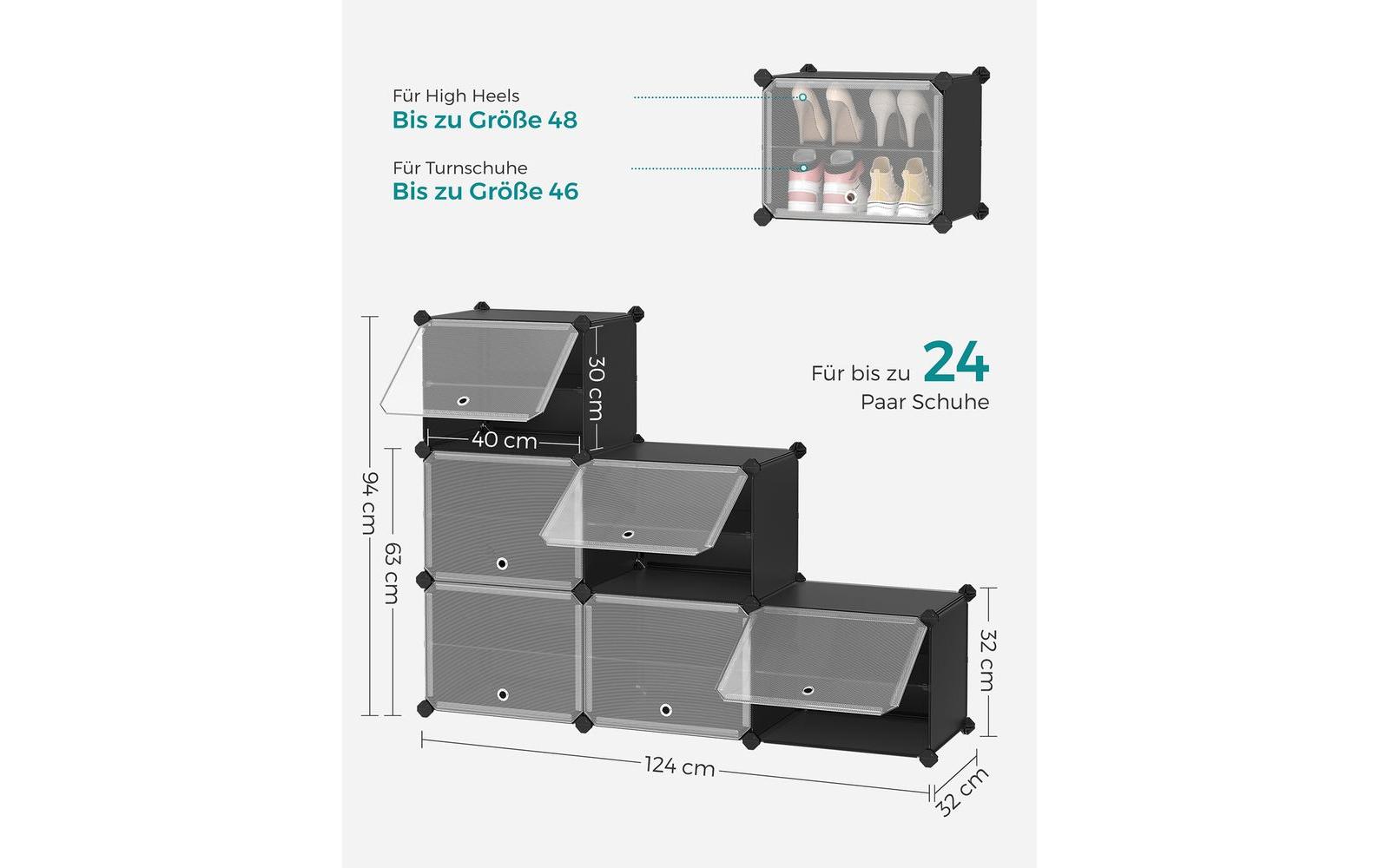 Schuhboxen stapelbar 124 x 94 cm, SchwarzSchuhregal mit 6 Fächern