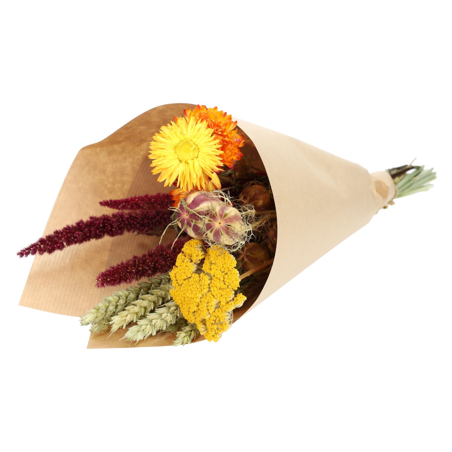 Droogbloemen, kegelboeket, oranje
