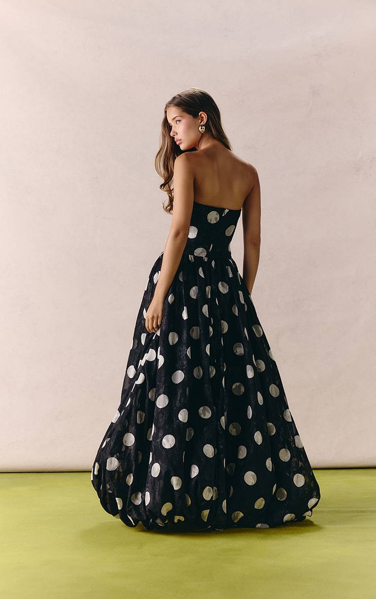 Noir Robe Maxi Bouffante À Pois Surdimensionnés En Jacquard