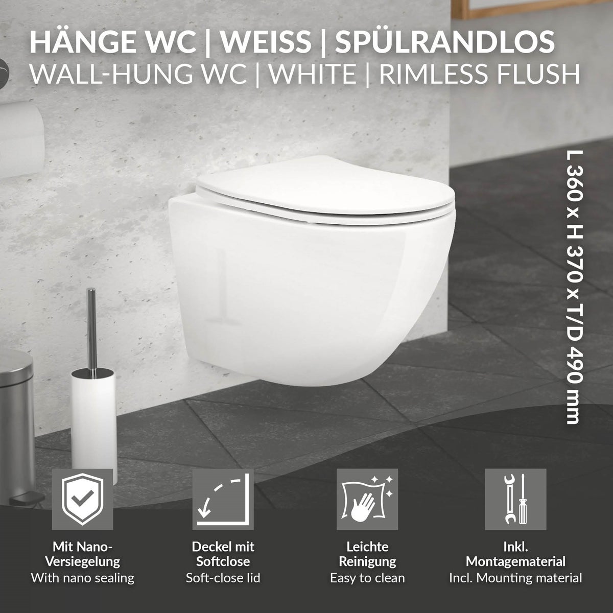ECD Germany Randloos wandcloset, kort 49 cm, glanzend wit met nanocoating, wandcloset met afneembare Duroplast-zitting, softclose-mechanisme, diepspoeltoilet met lotuseffect