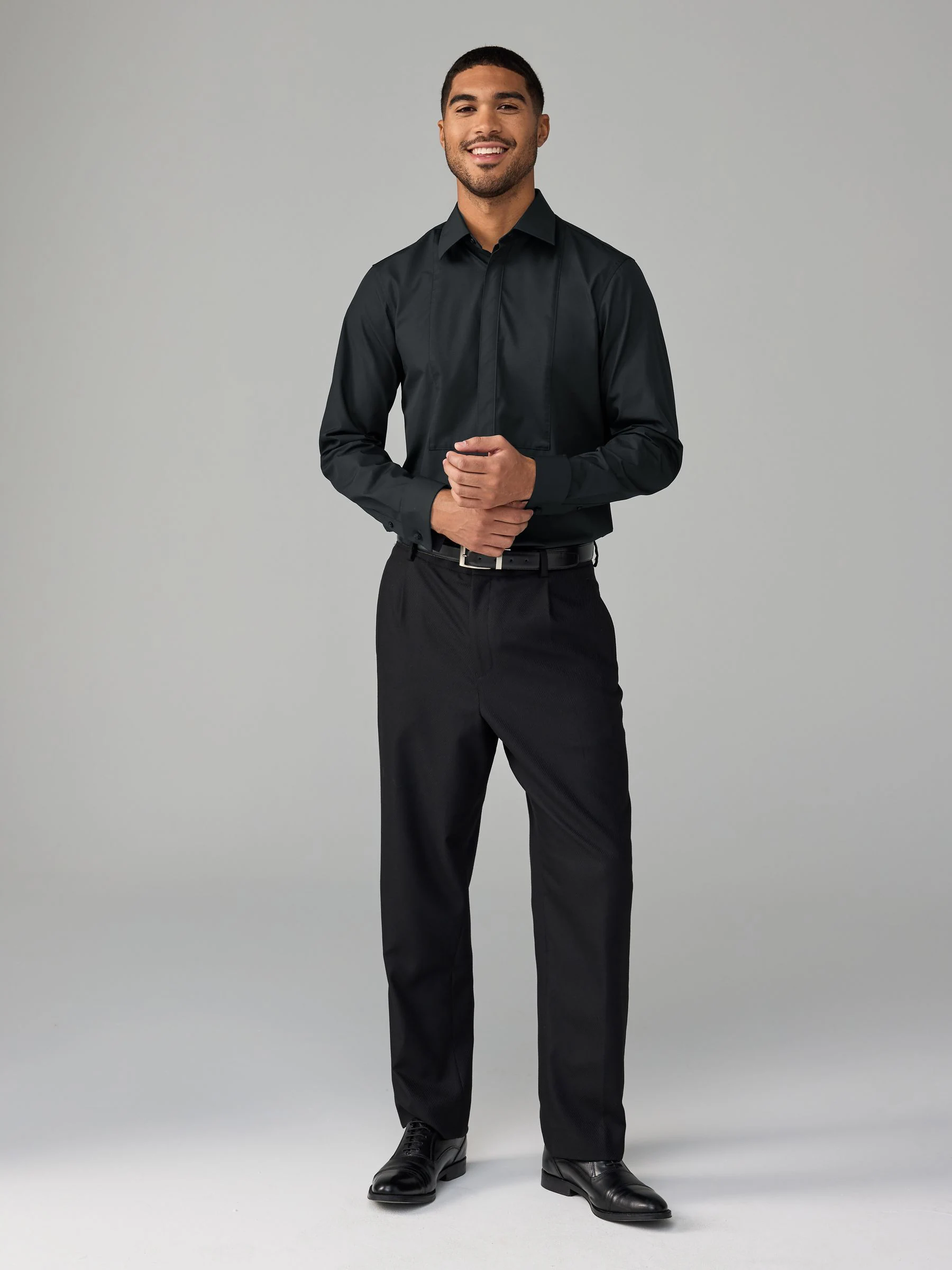 Zwart - Regular Fit Textured Bib Long Sleeve Double Cuff Dress Shirt With Cutaway Collar